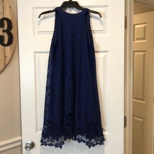 High neck lace navy blue cocktail dress